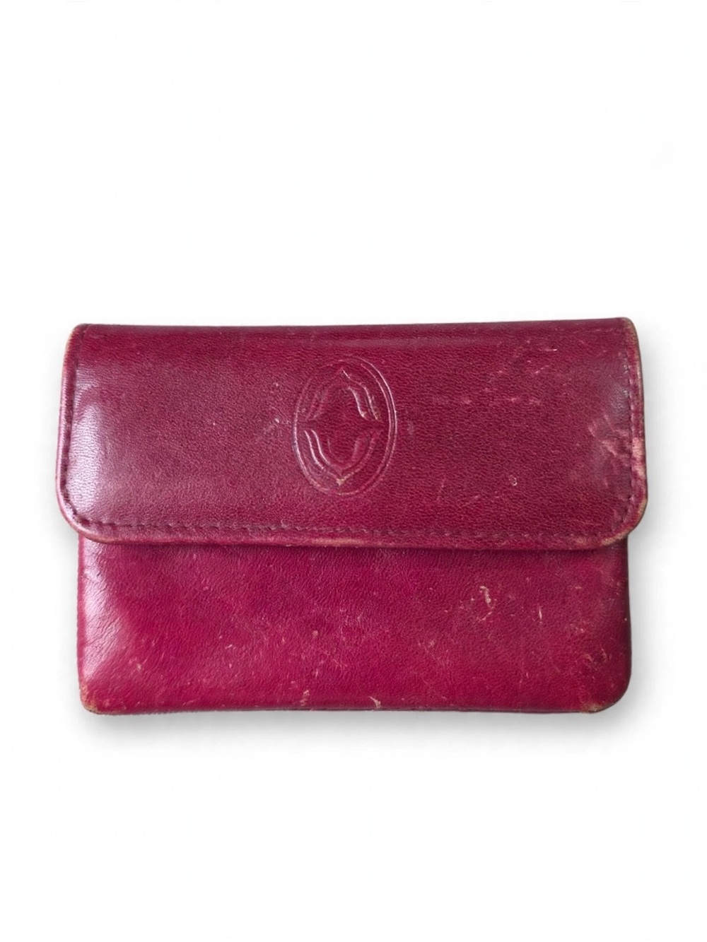 Vintage Burgundy Leather Key Case Wallet Cartier Embossed Logo Snap